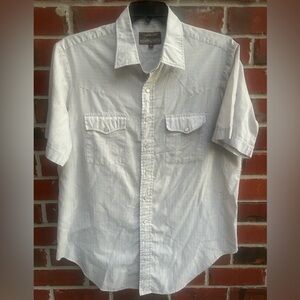 Plainsman XL Short Sleeve Pearl Snap Cream & Light Blue Striped Western Shirt M1